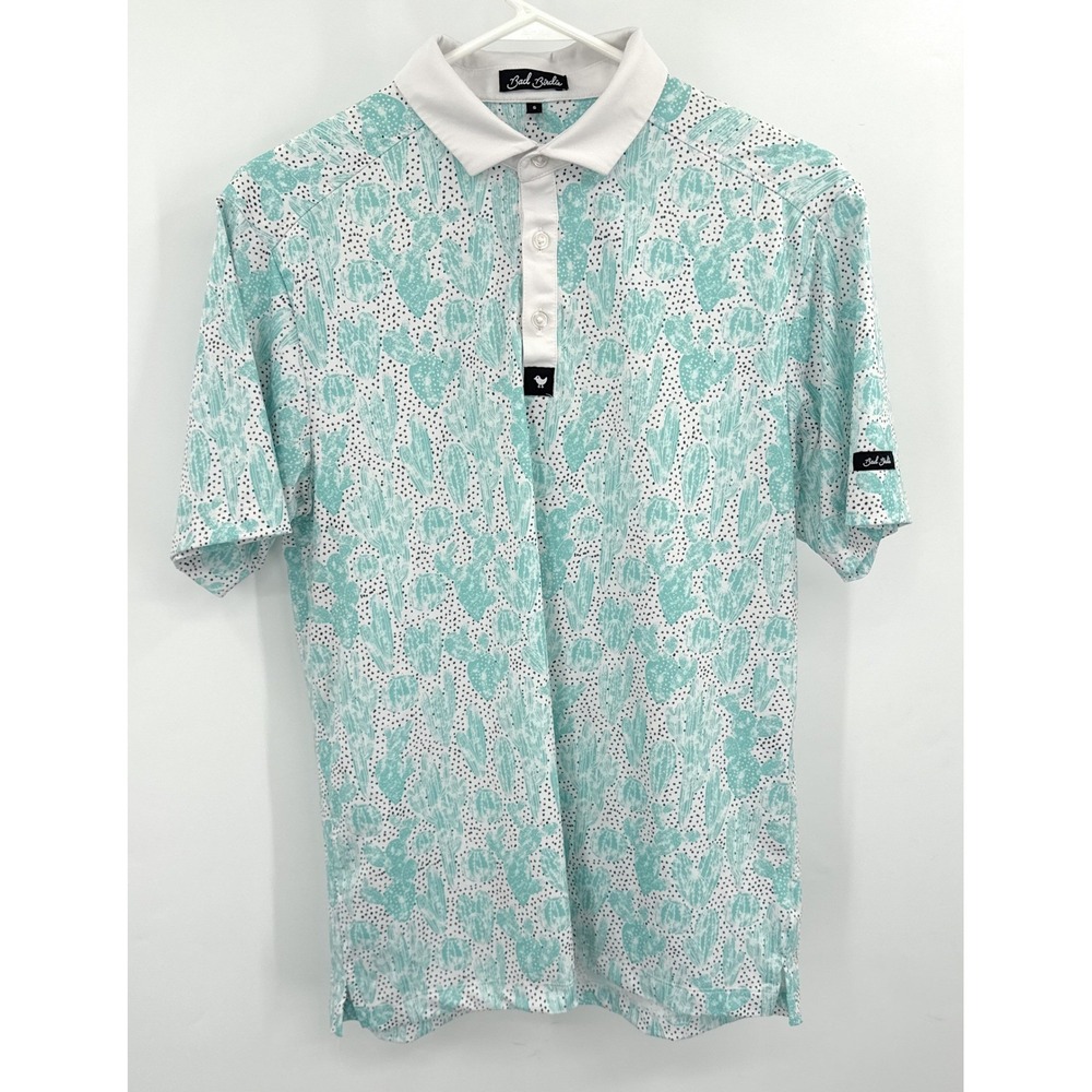 Bad Birdie Mens Golf Polo Shirt S Teal White Cactus Polka Dot Print Stretch